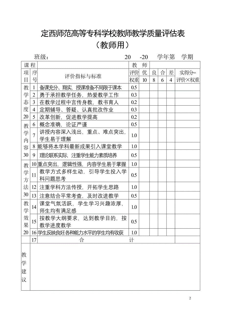 定西师范高等专科学校教师教学质量评估表_第2页