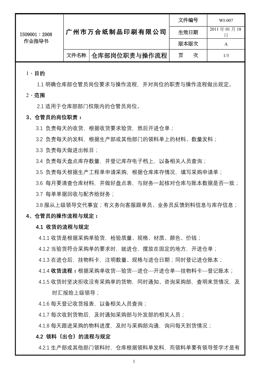 万合印刷 仓库部岗位职责与操作流程_第1页