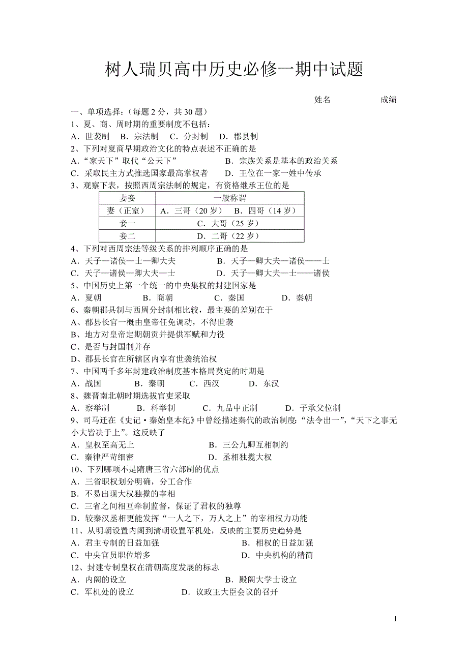 树人瑞贝高中历史必修一期中试题_第1页