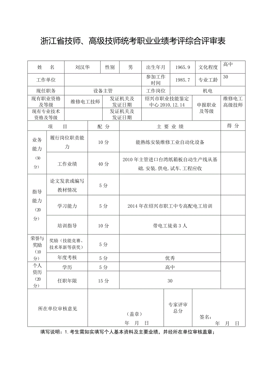 技师、高级技师统考职业业绩考评综合评审表_第1页