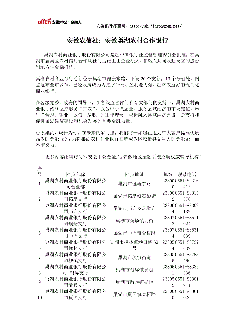 安徽农信社：安徽巢湖农村合作银行_第1页