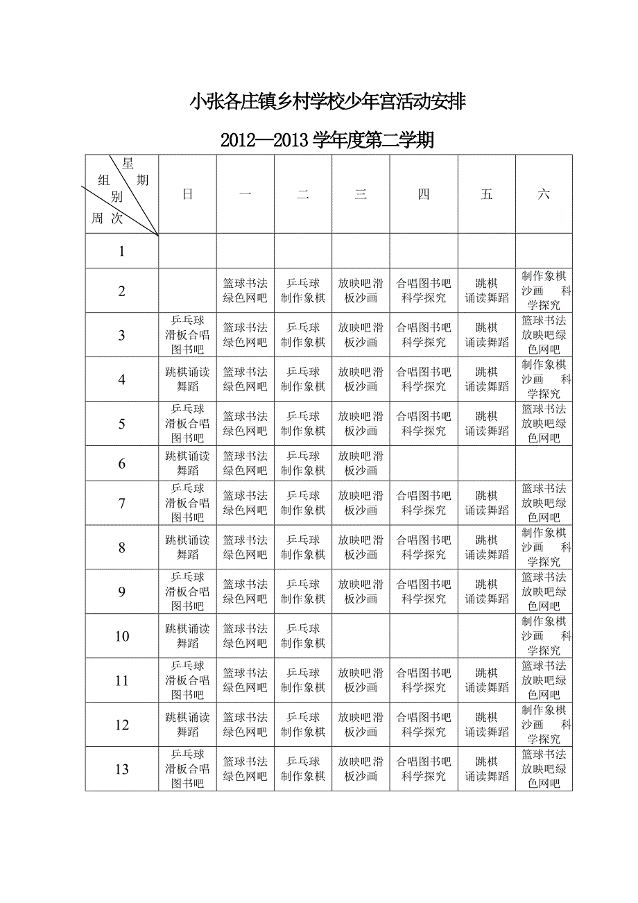 小张各庄镇乡村学校少年宫活动安排_第1页