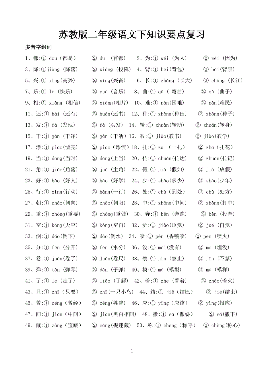 苏教版二年级语文复习资料近、反义词、多音字、句子、阅读排序等_第1页