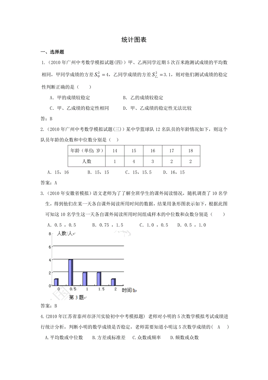2010年中考数学模拟试题分类汇编——统计图表_第1页