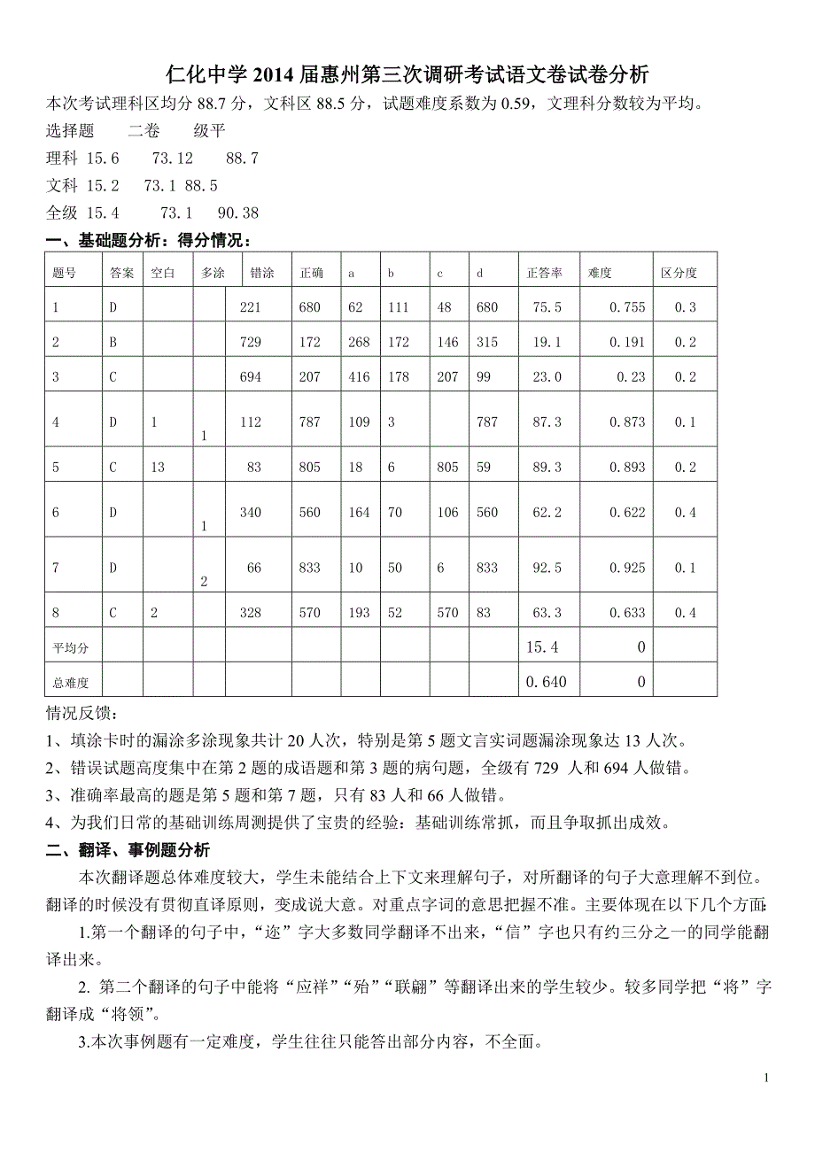 仁化中学2014届惠州第三次调研考试语文卷试卷分析_第1页