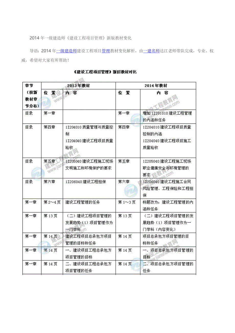 2014年一级建造师《建设工程项目管理》新版教材变化_第1页