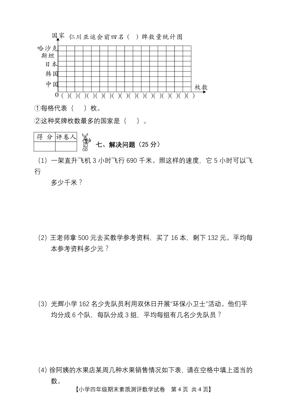 商洛山阳四年级数学期末试卷(1)_第4页