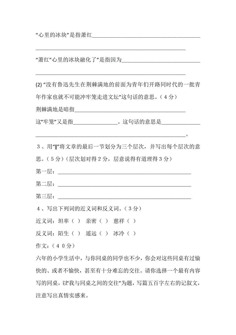 小学六年级语文总复习试1(高亚芳)_第5页