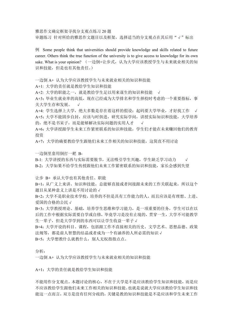 雅思作文确定框架寻找分支观点练习20题_第1页