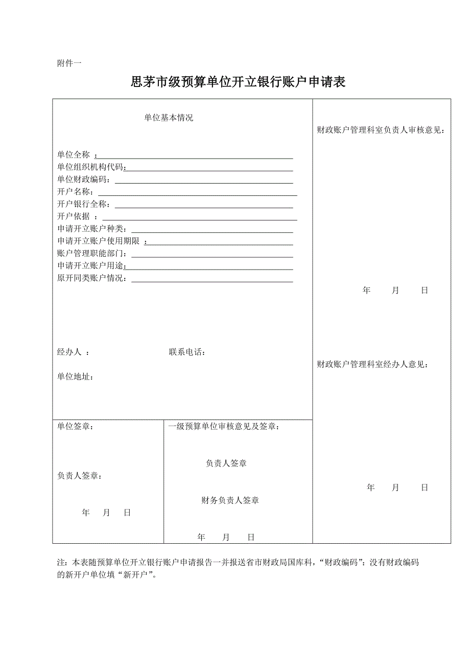 思茅市级预算单位开立银行账户申请表_第1页