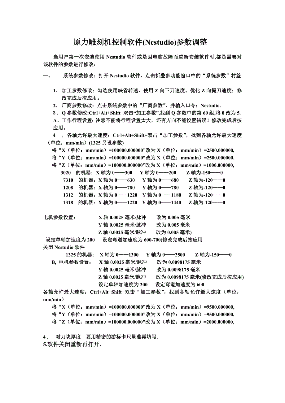 原力雕刻机控制软件(Ncstudio)参数调整及原力雕刻机常用材料加工参数表_第1页