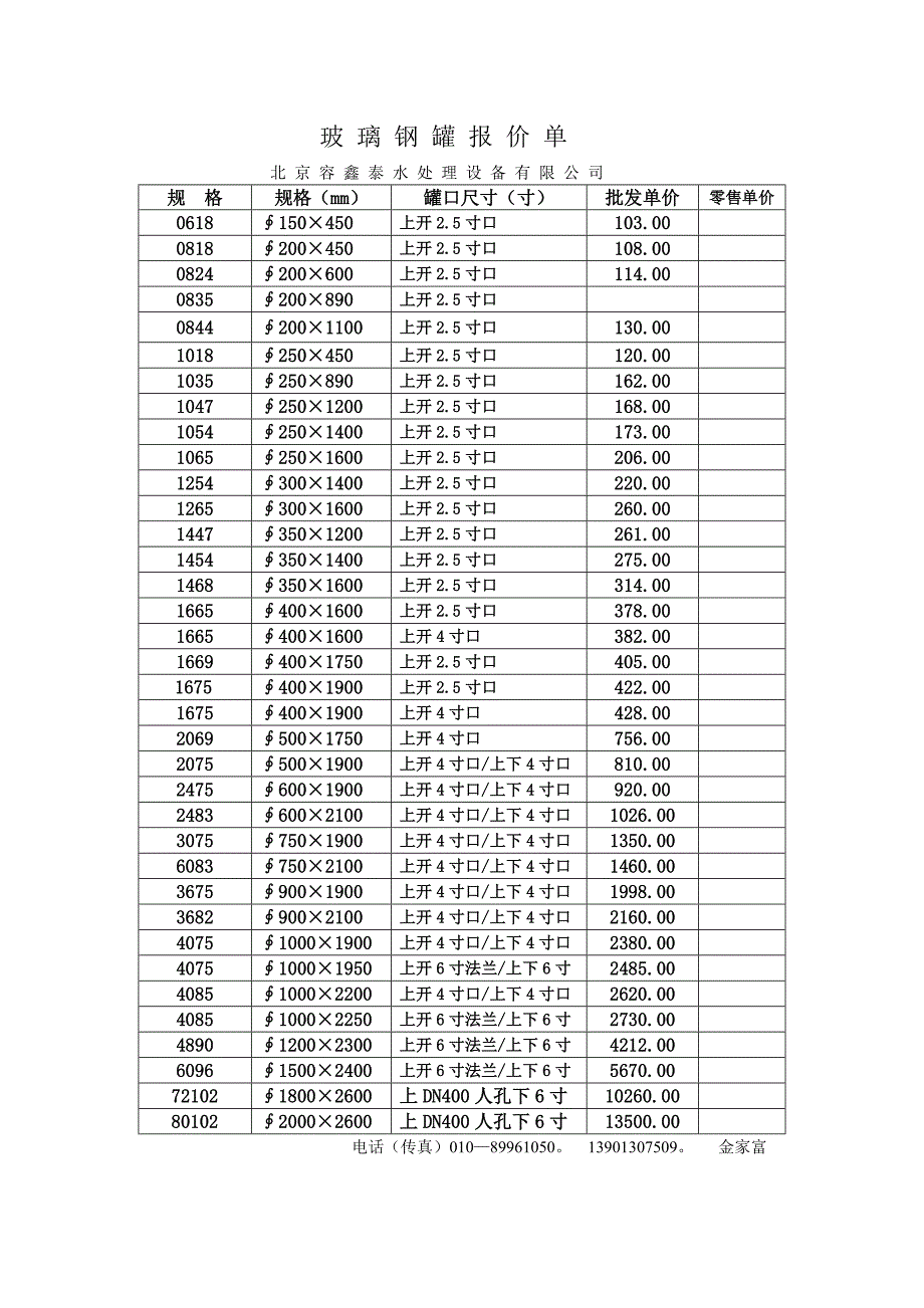 玻璃钢罐报价单北京容鑫泰水处理设备有限公司规格_第1页