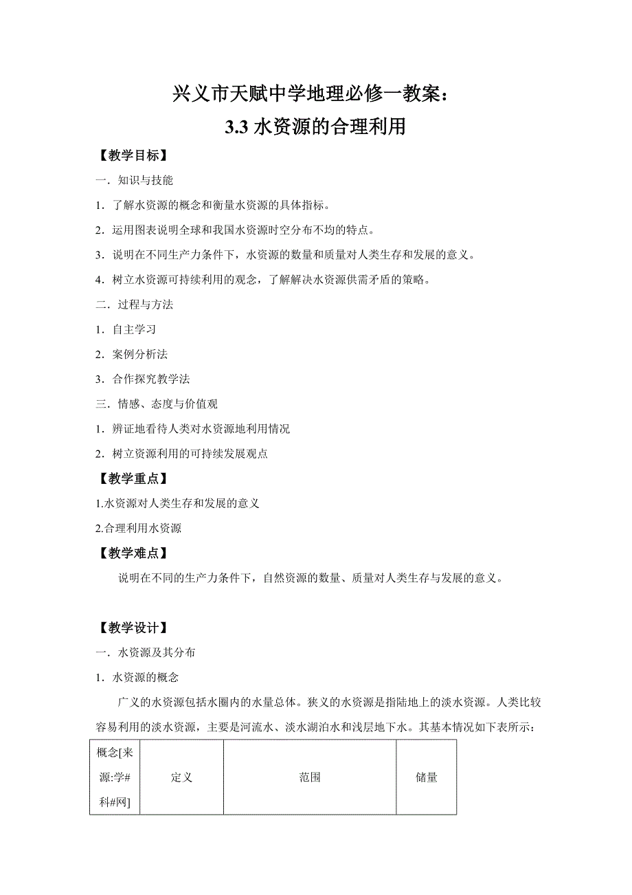 贵州省兴义市天赋中学地理必修一教案：3.3水资源的合理利用_第1页
