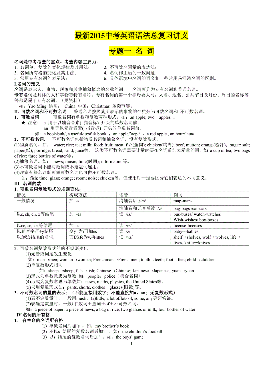 最新2015中考英语语法总复习讲义_第1页