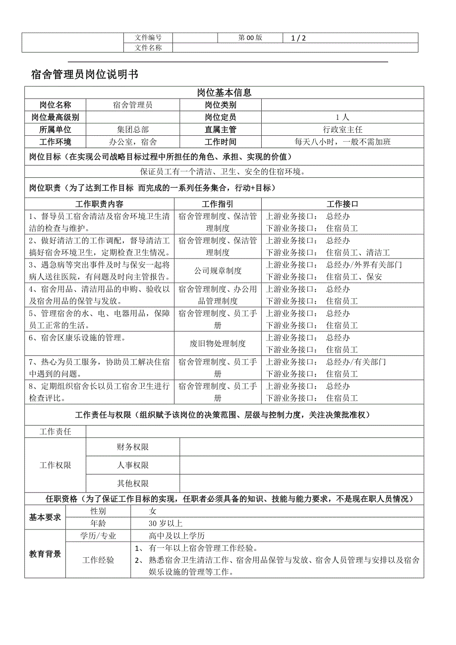 岗位说明书(宿舍管理员)_第1页