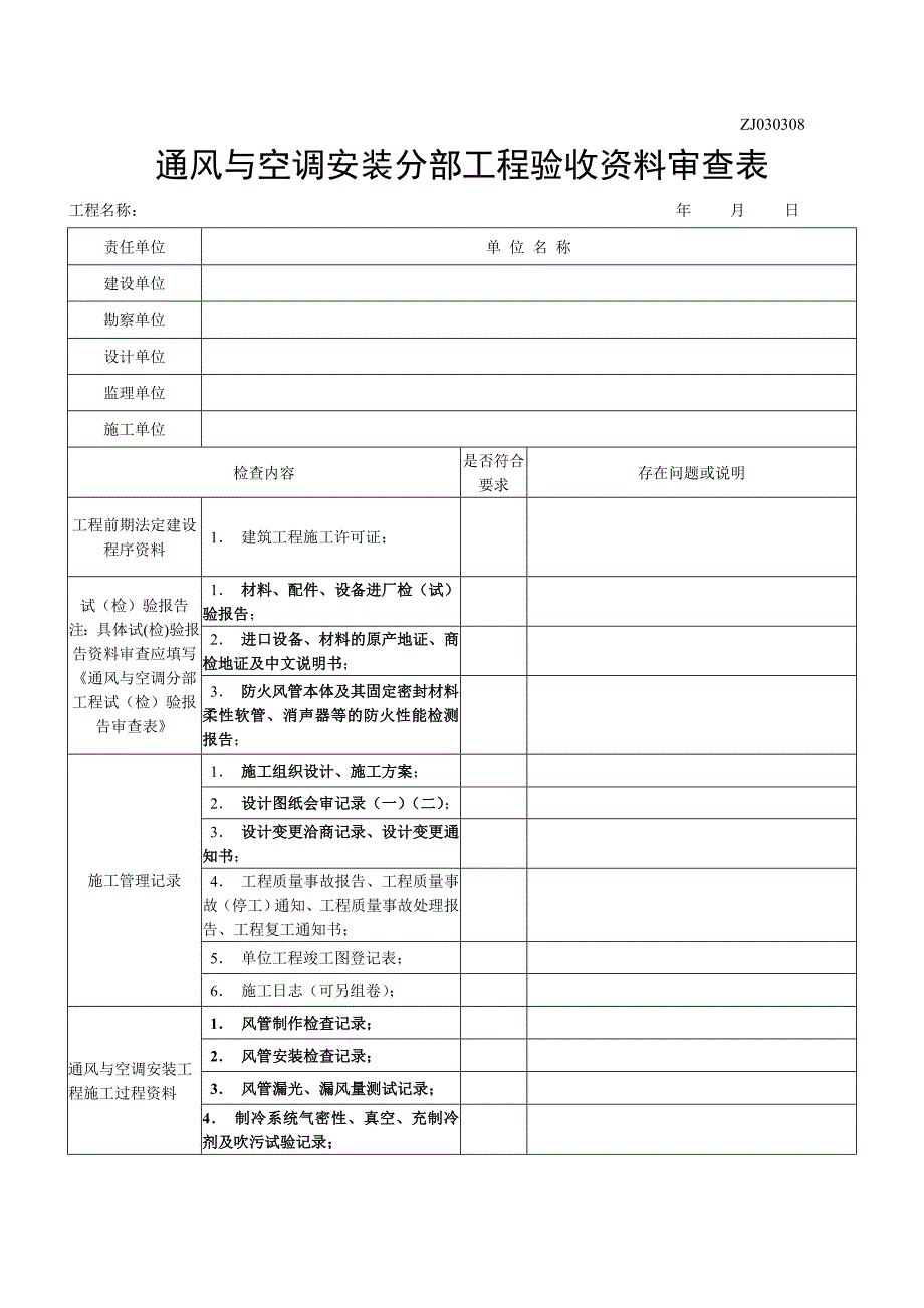 通风与空调安装分部工程验收资料审查表_第1页