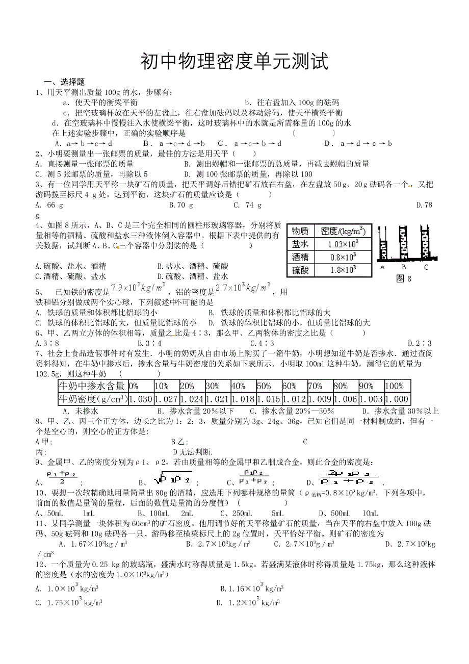 初中物理密度单元测试_第1页