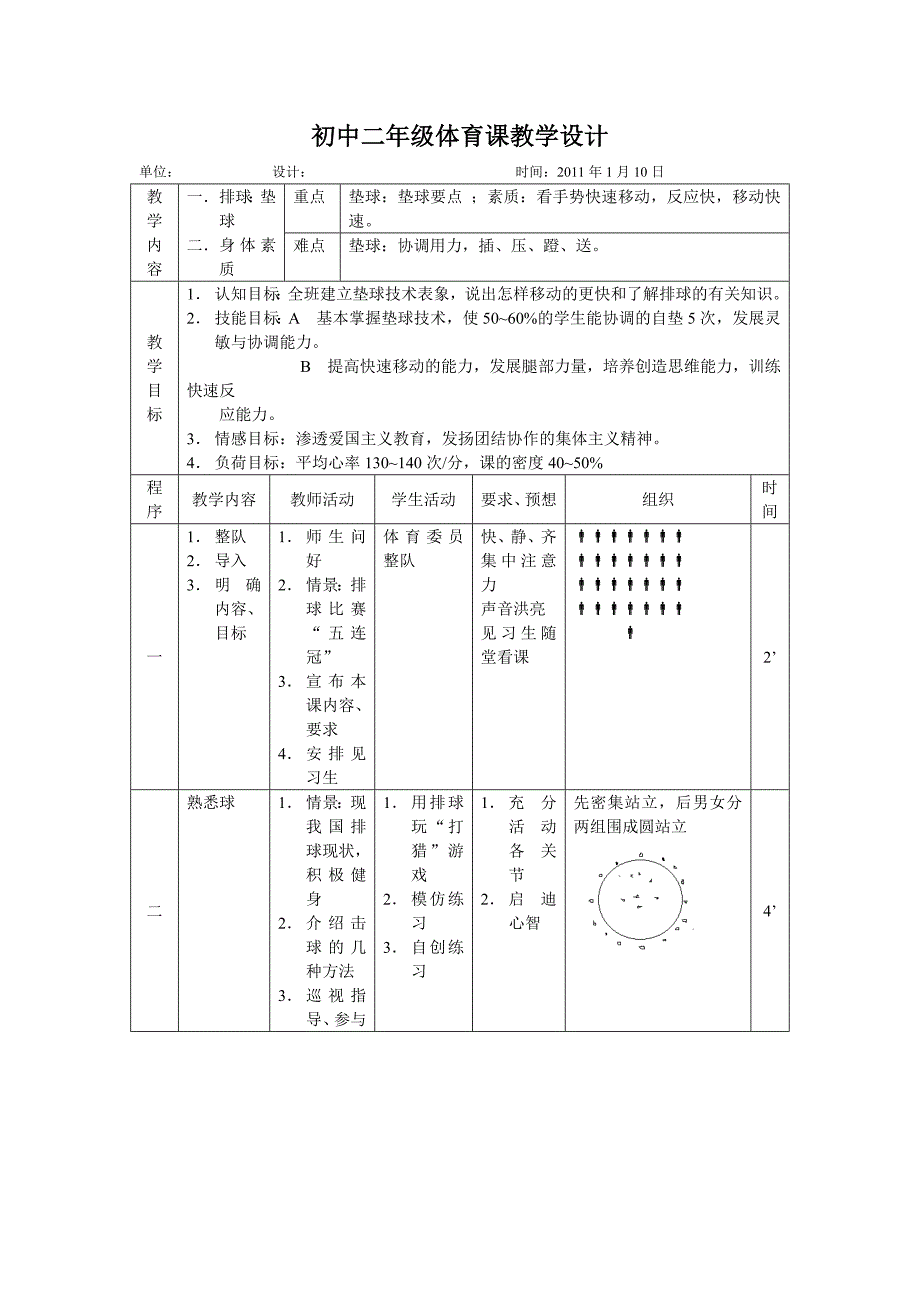 初中二年级体育课教学设计_第1页