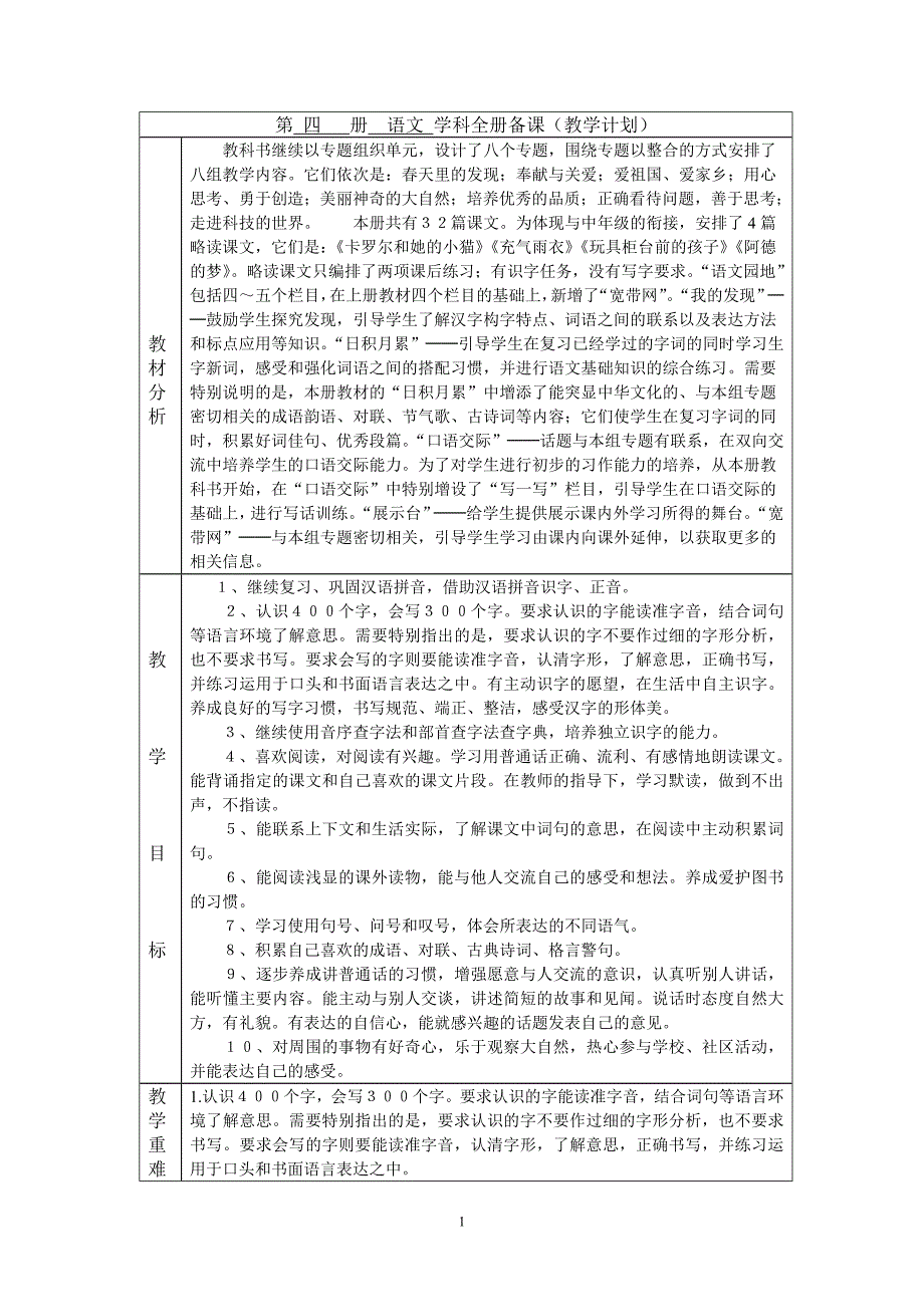 第四册语文学科全册备课(教学计划)_第1页