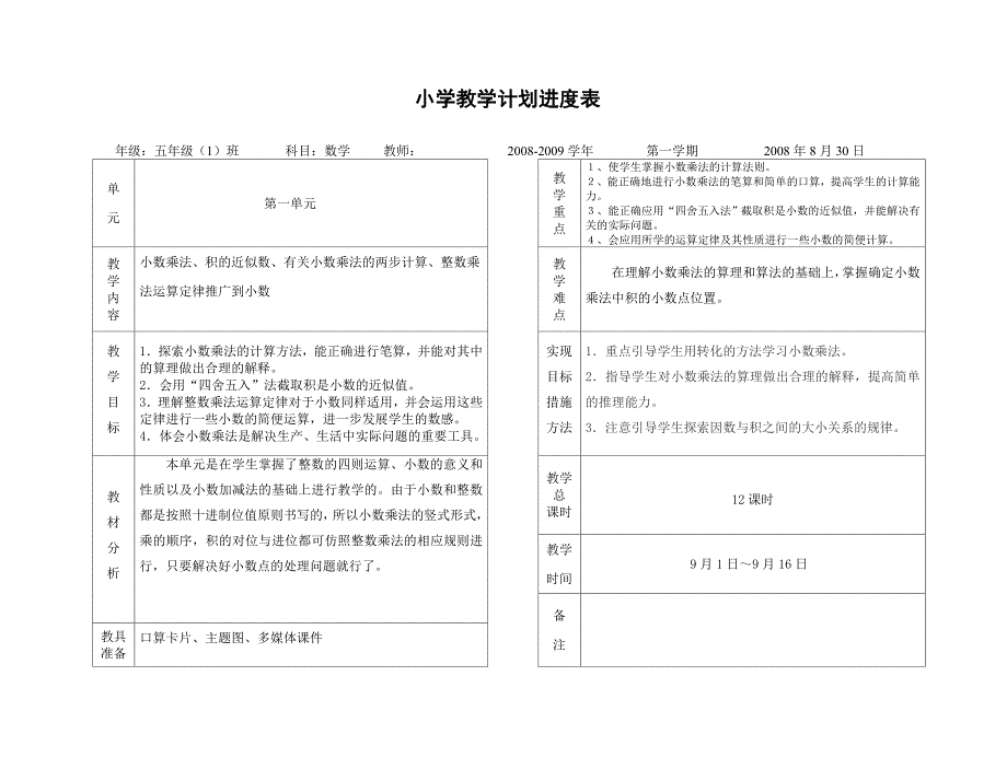 小学五年级上册教学计划进度表_第1页