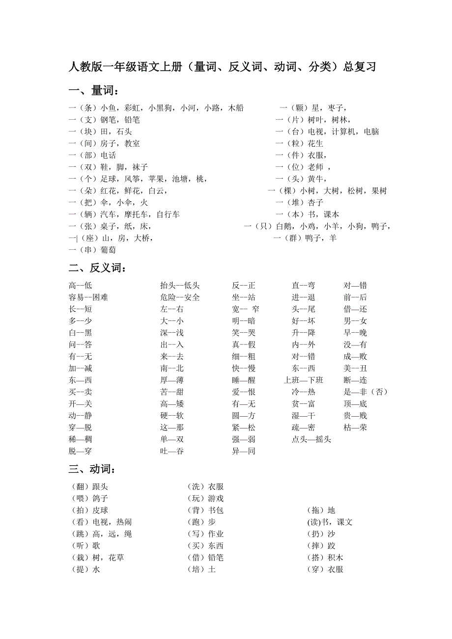 人教版一年级语文上册量词、反义词、动词分类总复习_第1页