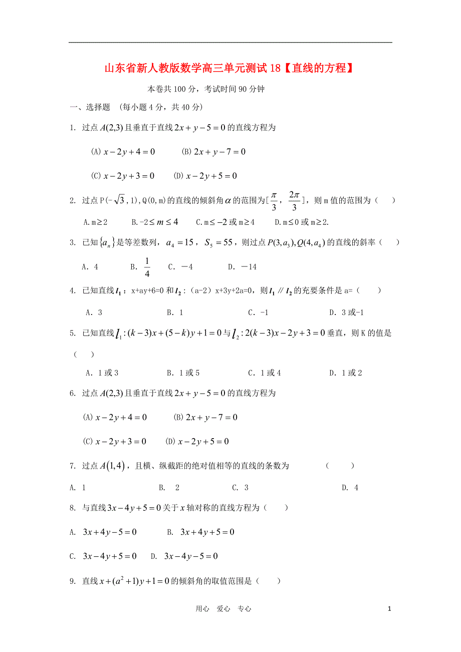 山东省2012届高三数学 18直线的方程单元测试 新人教A版_第1页