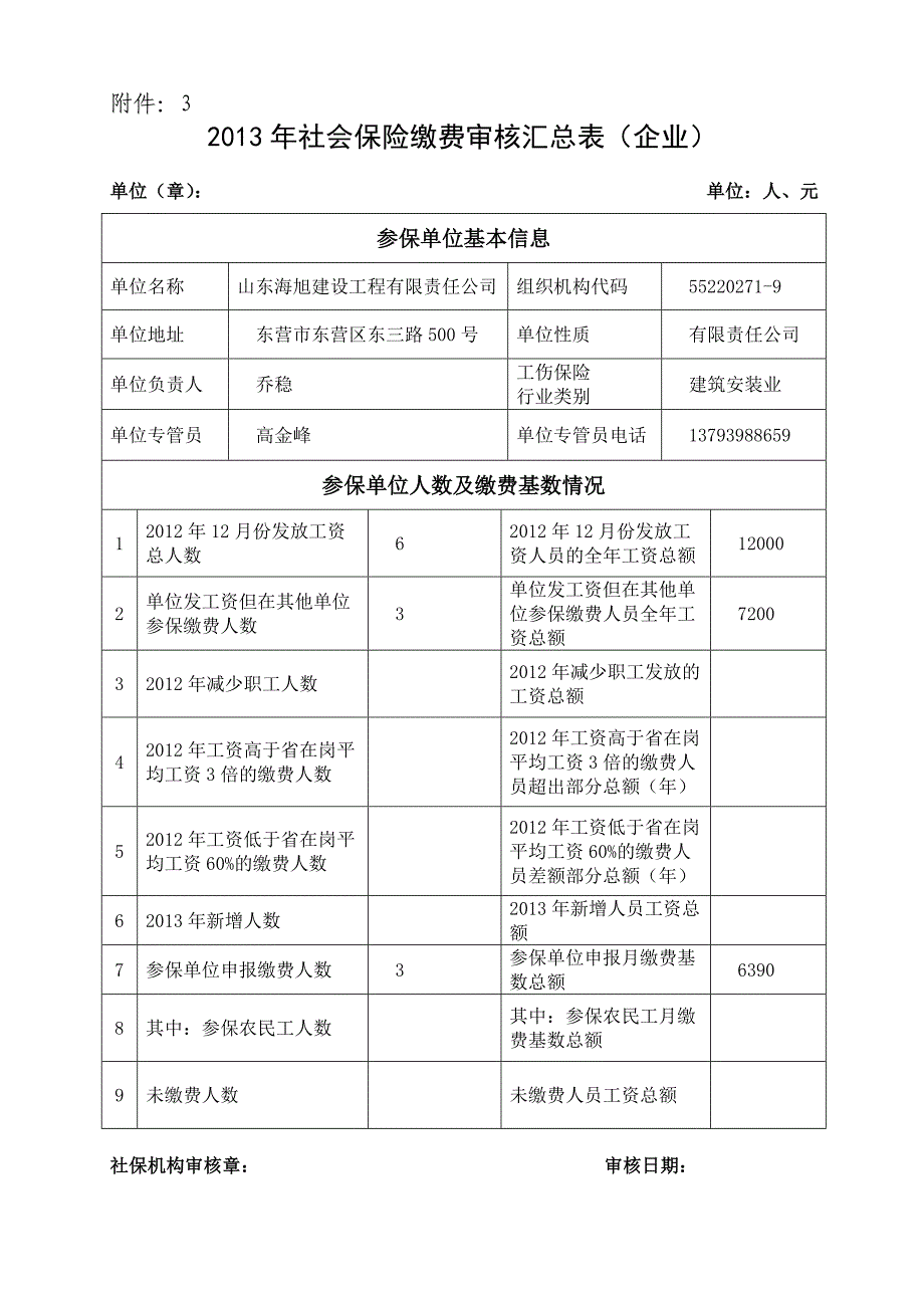 2013年社会保险征缴审核汇总表(企业)_第1页