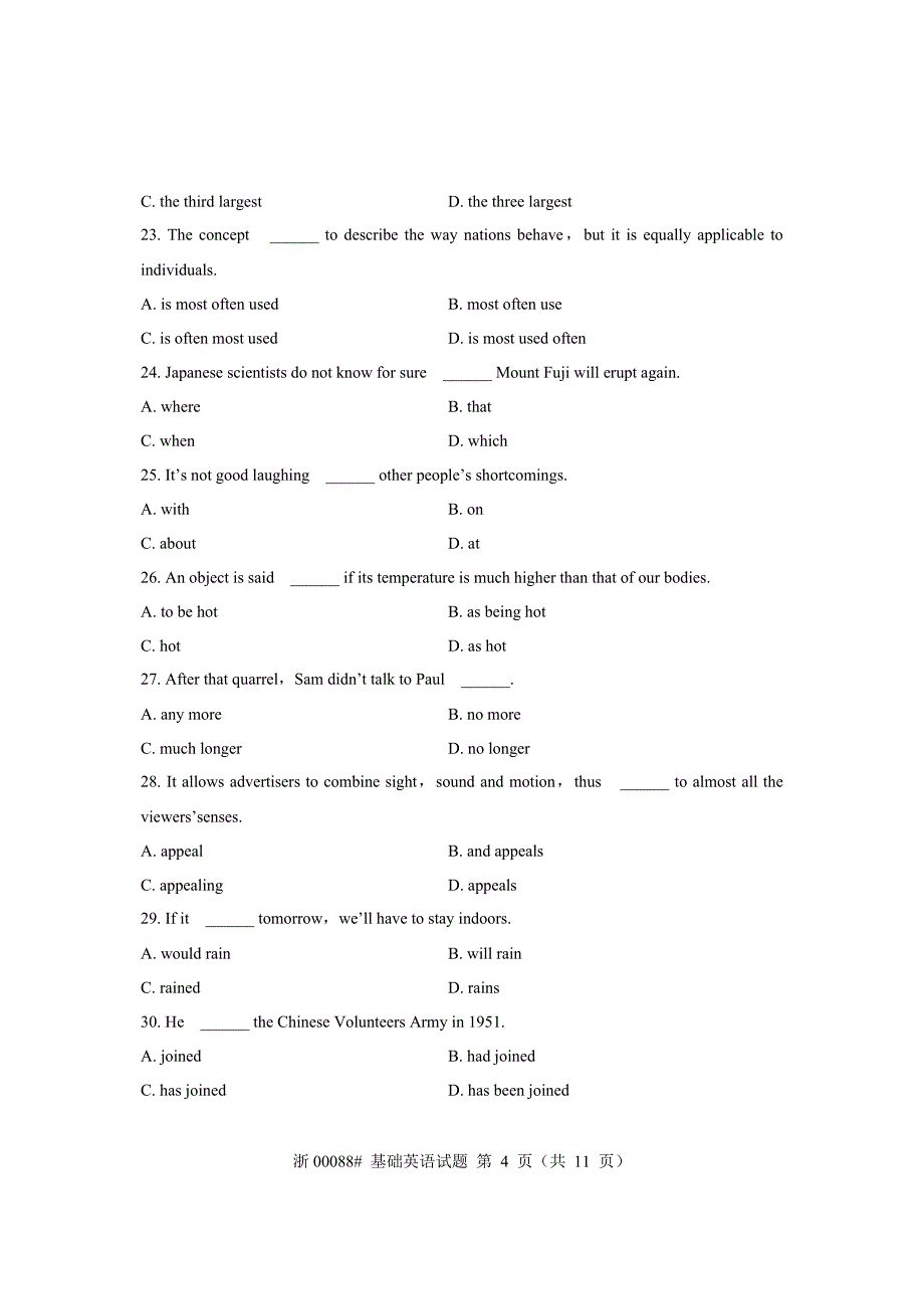 全国2011年10月高等教育自学考试基础英语试题课程代码00088_第4页