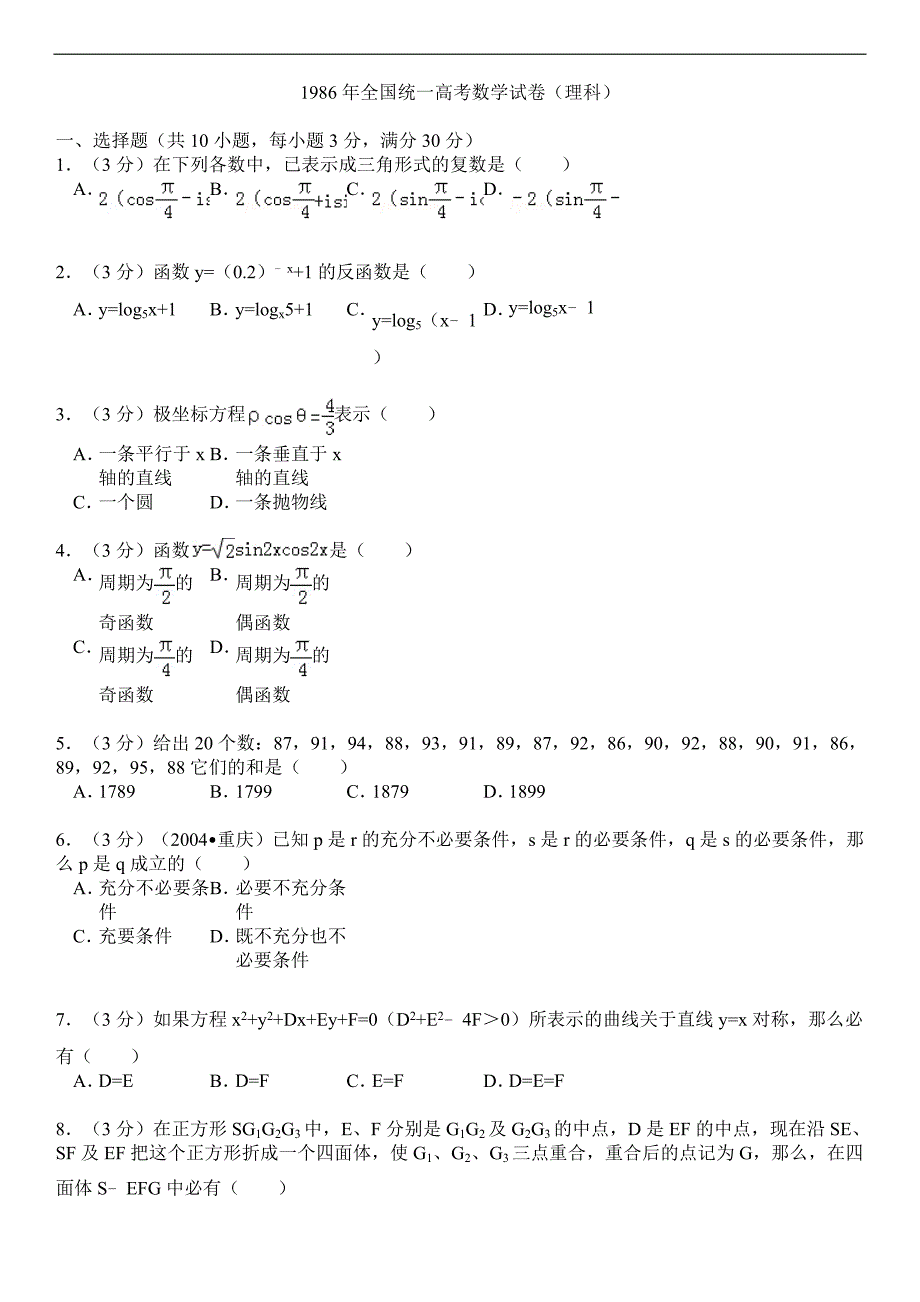 1986年全国统一高考数学试卷(理科)_第1页