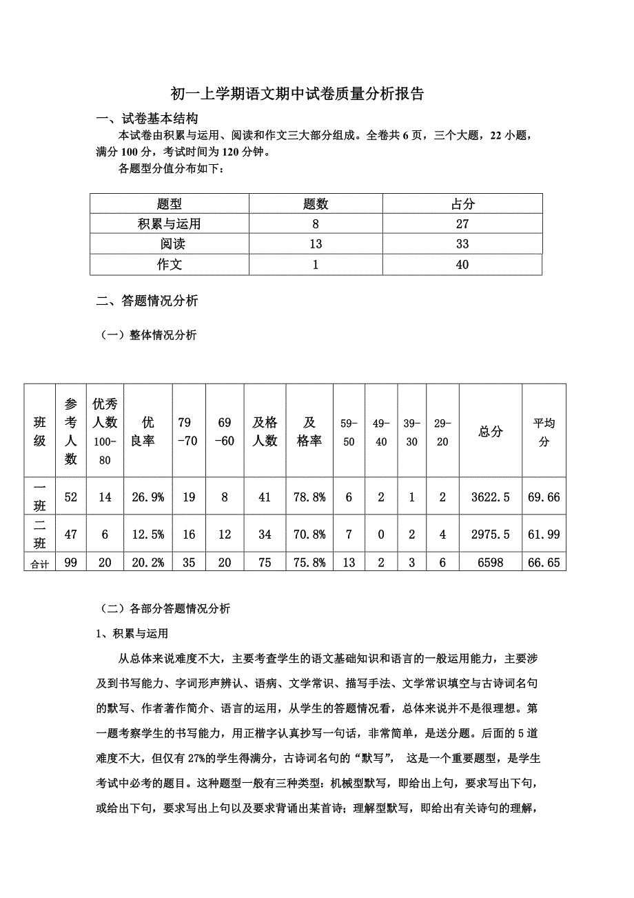 初一上学期语文期中试卷质量分析报告_第1页