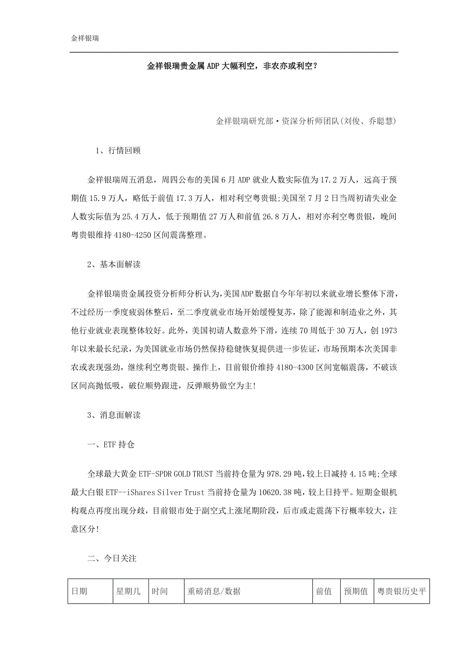 金祥银瑞贵金属ADP大幅利空,非农亦或利空？_第1页