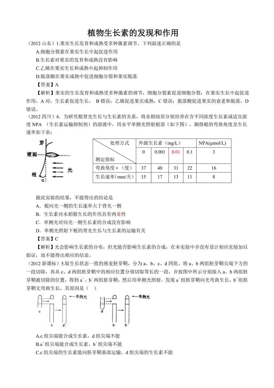 高考生物试题分类汇编植物生长素的发现和作用_第1页