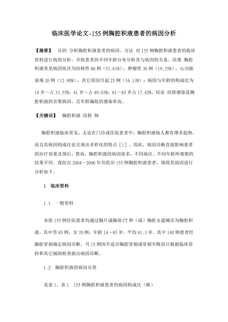 155例胸腔积液患者的病因分析【临床医学论文】_第1页