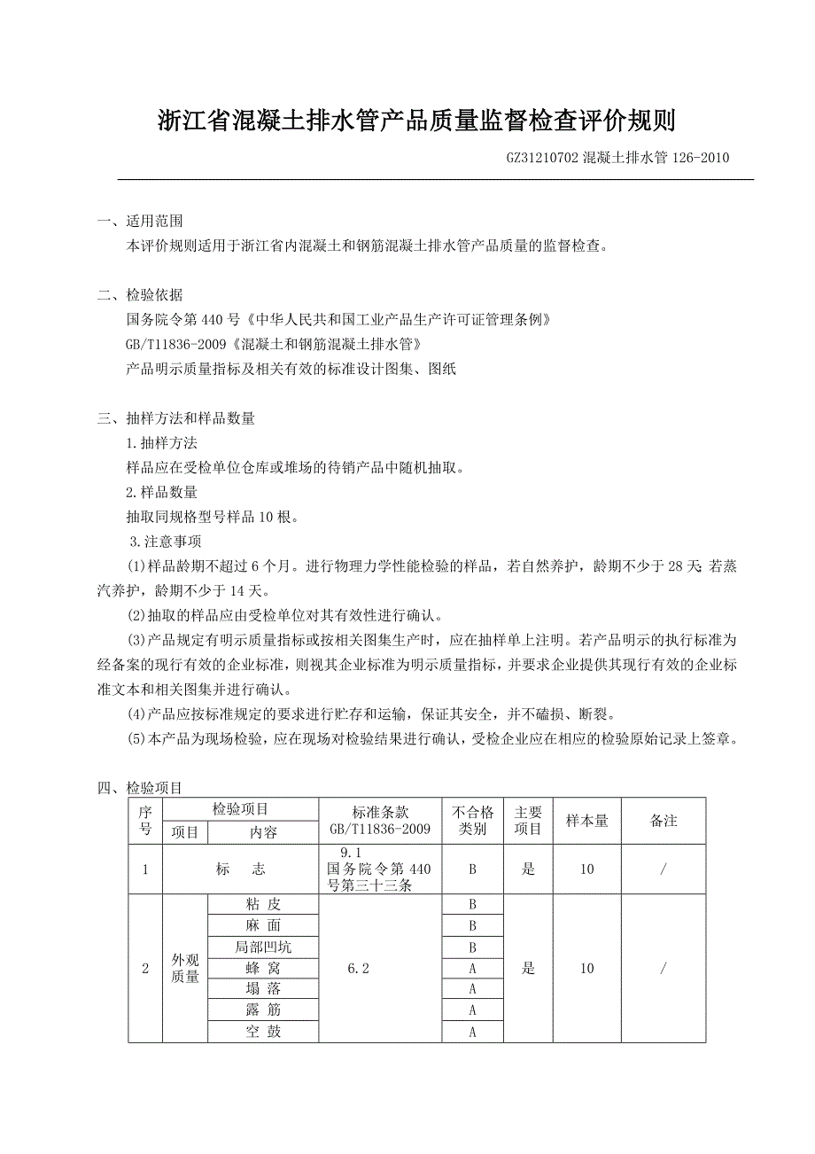 混凝土排水管产品质量监督检查评价规则2010_第1页