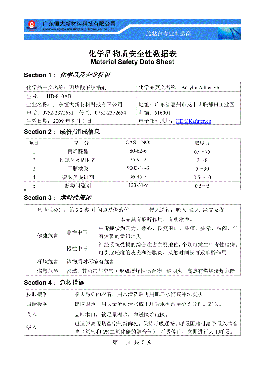 化学品物质安全性数据表(MSDS)样板_第1页