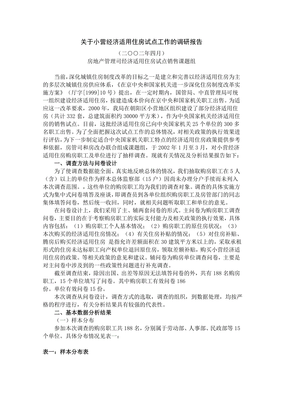 关于小营经济适用住房试点工作的调研报告_第1页