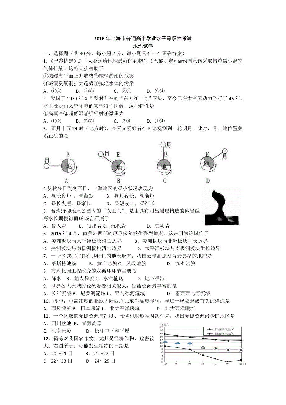 上海市2015-2016学年高一普通高中学业水平等级性考试地理试题 无答案_第1页