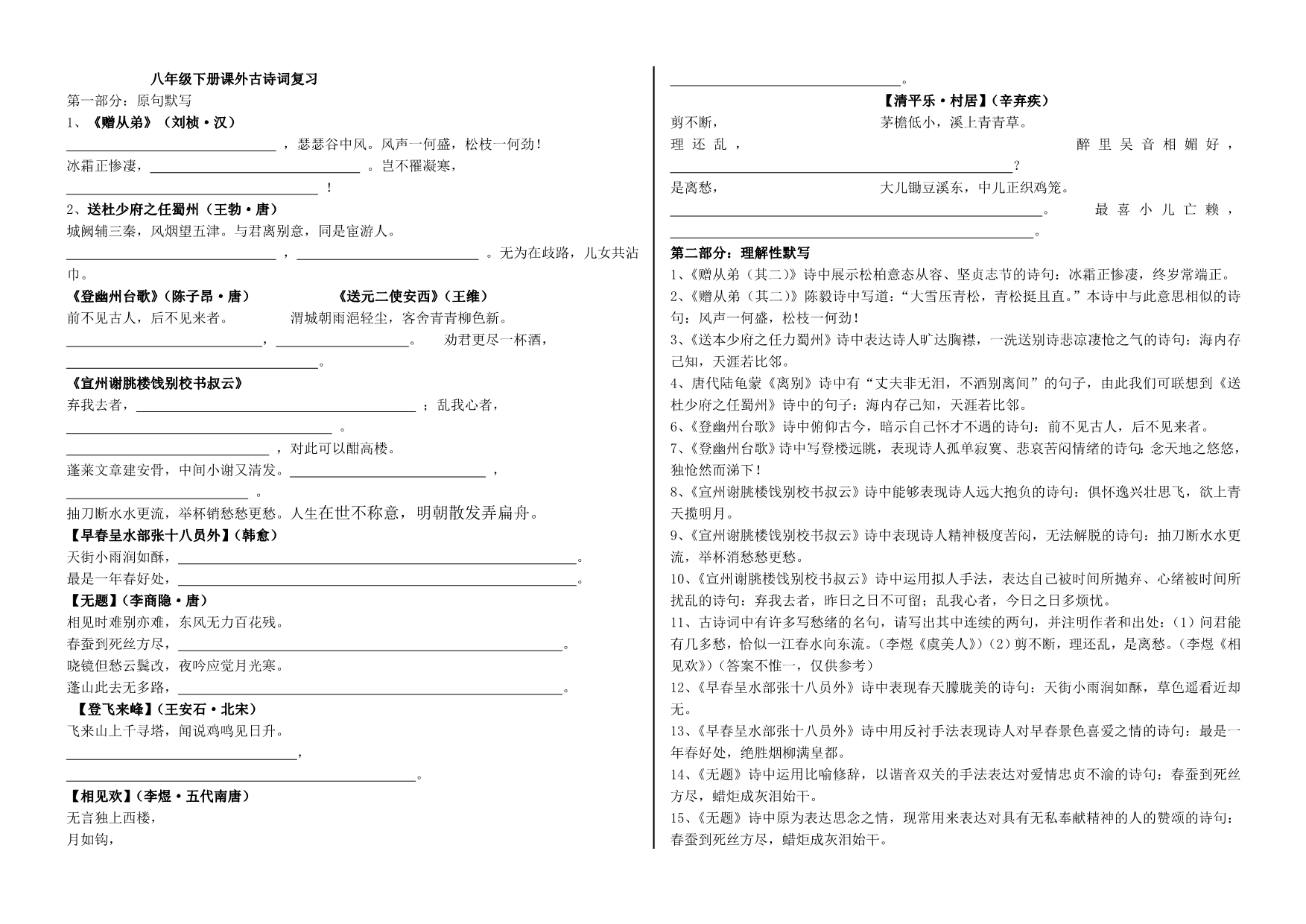 8八年级语文下册专项复习--课外古诗词_第1页