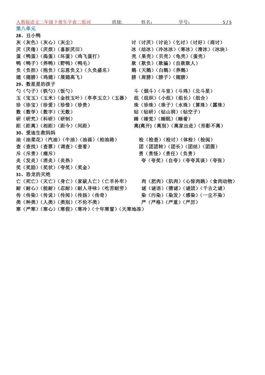 人教版语文二年级下册生字表组词_第5页