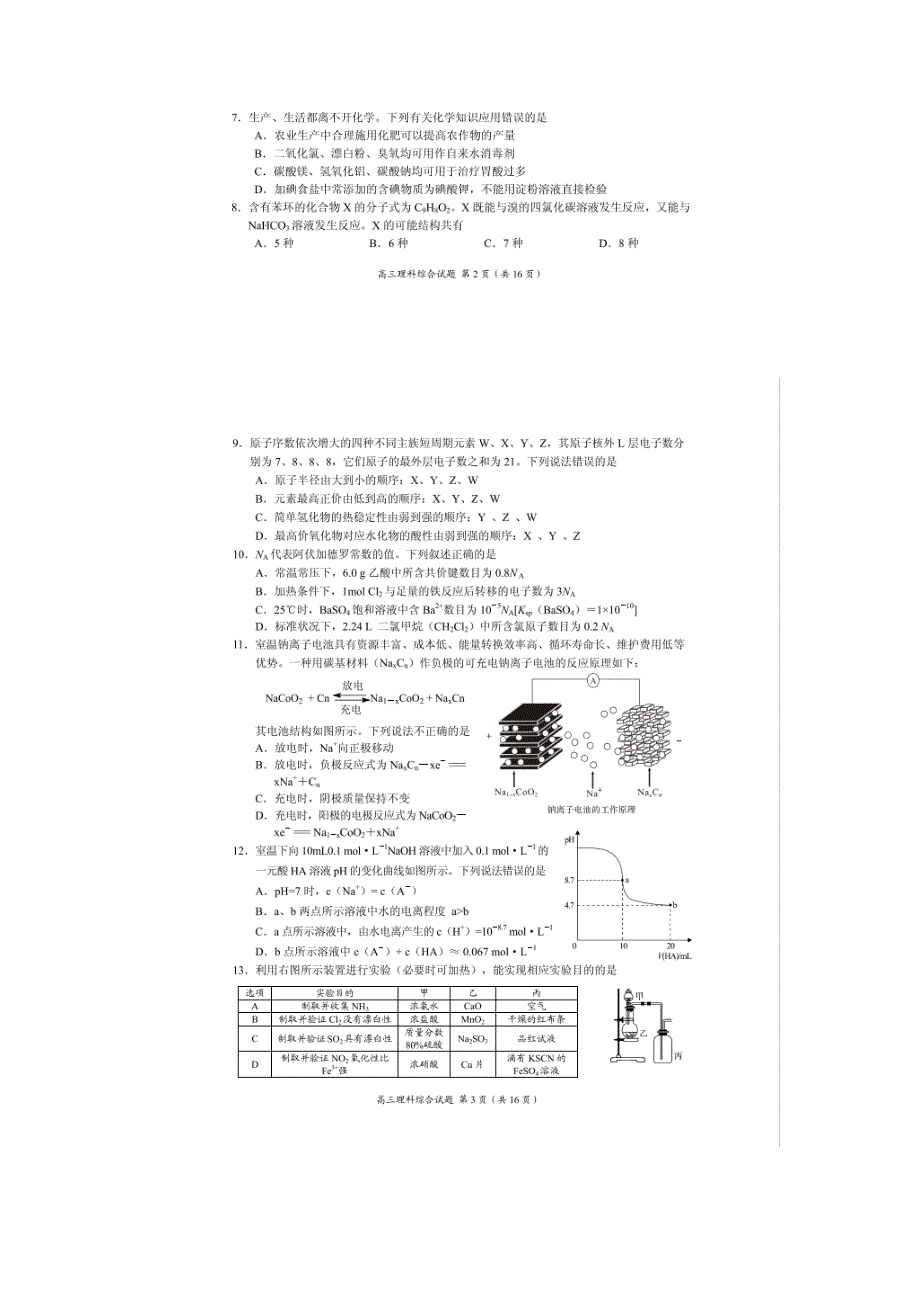 2016届高三联考压轴卷（三）化学试题 扫描版含答案_第1页