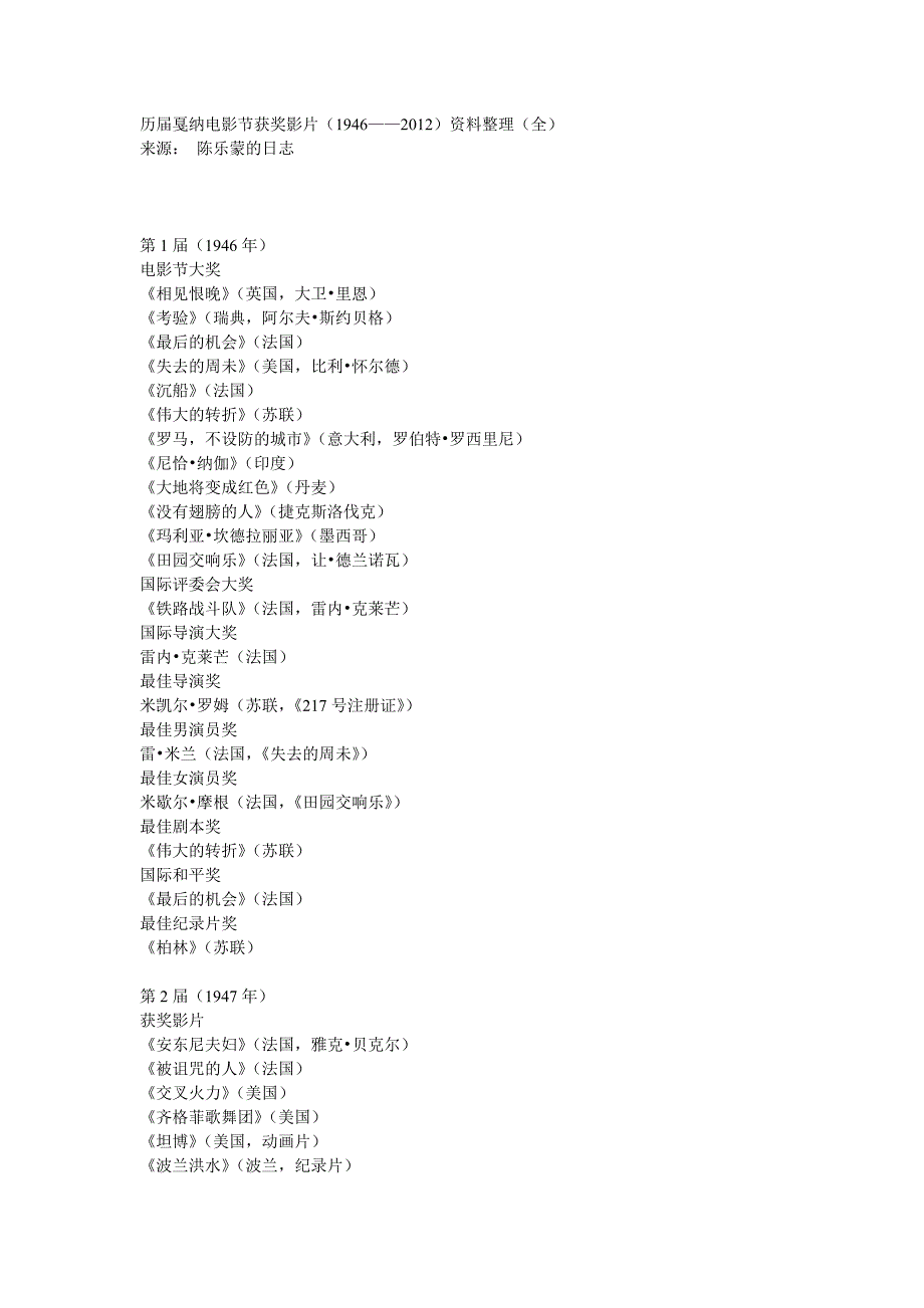 历届戛纳电影节获奖影片_第1页