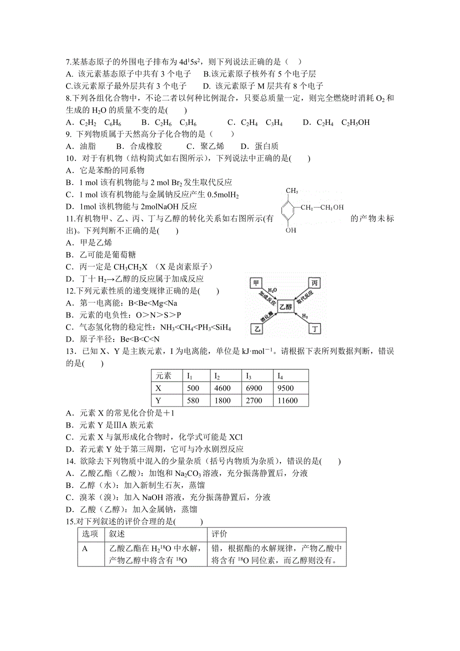 河北省唐山市2014-2015学年高二6月月考化学试题 含答案_第2页