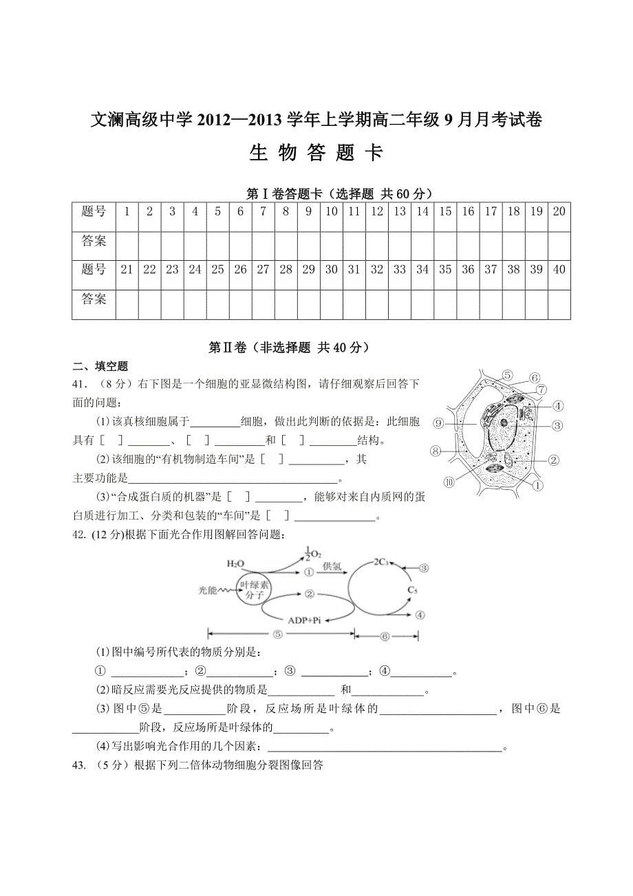 云南省蒙自县文澜高级中学2013-2014学年高二9月月考生物试题 无答案_第5页