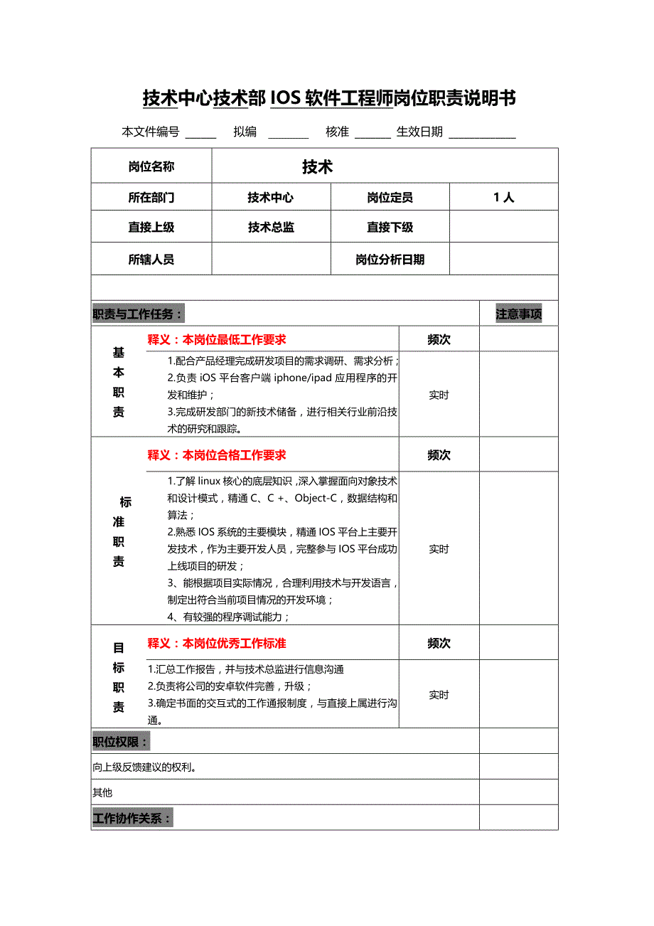 技术中心IOS软件工程师岗位职责说明书_第1页