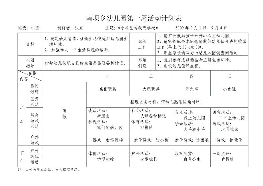 南坝乡幼儿园周活动计划表_第1页