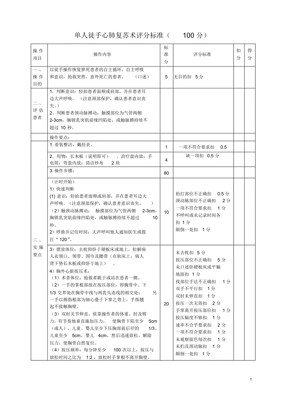 单人徒手心肺复苏(新)评分标准_第1页