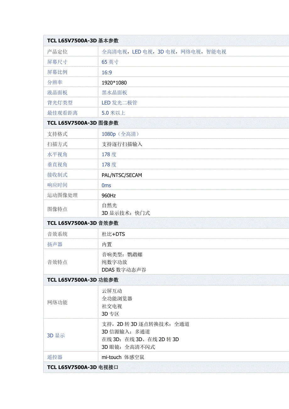 TCLL65V7500A-3D基本参数-TCL铁粉社区_第1页