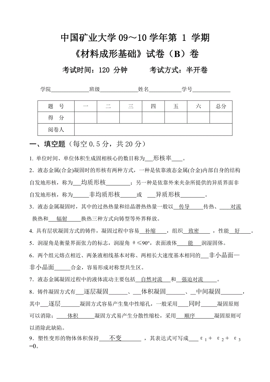 材料成形原理B卷试题及部分答案_第1页