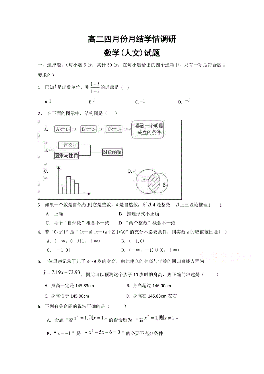 山东省临朐县实验中学2014-2015学年高二4月月考数学（人文）试题含答案_第1页