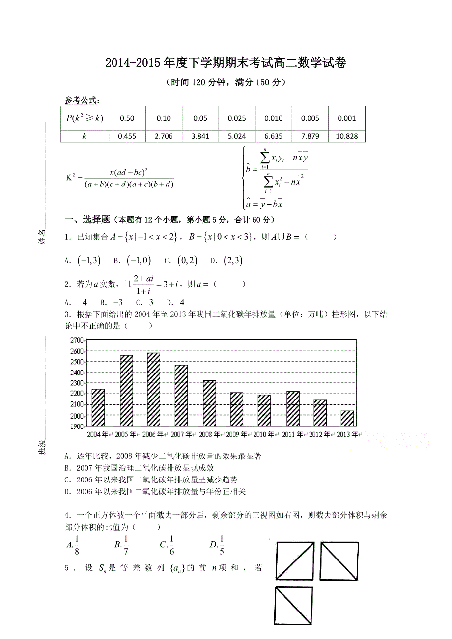 吉林省吉林市第五十五中学2014-2015学年高二下学期期末考试数学（文）试题 含答案_第1页